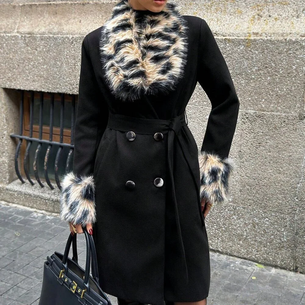 Black Elegant Women's Leopard Print Fur Overcoat